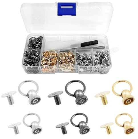 72 Stk Head O-Ring Kopf, 8/10mm Niet Stud mit Ring, Lederhandwerk Niet, Metallknopfnieten, Button Studs Screw, Messing Silber Niet für Geldbörse,Handwerk DIY, Tasche, Leder(3 Farben, mit Werkzeuge)