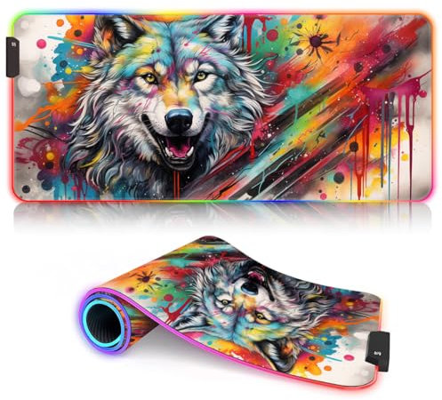 Tapis Souris Gaming XXL Charcoal Wolf RGB Tapis Souris Jeu XXL (35,4 x 15,7 x 0,12 Pouces) Tapis Souris Jeu Grand la Maison, Le Bureau, la Salle Jeu 9 Couleurs statiques et 3 dynamiques