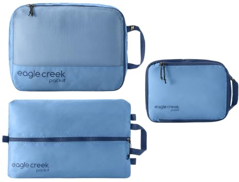 Eagle Creek Pack-It Essentials Set I 3-teilig für Kofferorganisation I Shoe Sac, Clean/Dirty Packwürfel & Kompressions-Packwürfel I 100% Recycelt I Blue Dawn