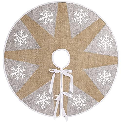 N&T NIETING Coperta per Albero di Natale 75 cm - Rotonda in Iuta con Glitter e Fiocco di Neve Bianco - per Vacanze e Casa