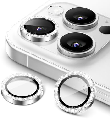 JETech Pellicola Fotocamera per iPhone 16 Pro 6,3 Pollici e iPhone 16 Pro Max 6,9 Pollici, Glitter Scintillant 9H Vetro Temperato Anello Metallico Individuale Cover, HD Chiaro, 1 Set (Argento)