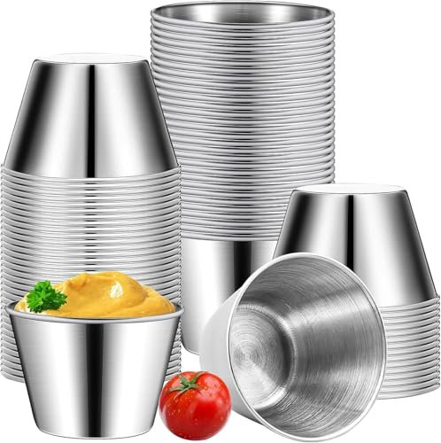 Xaztr 50Pcs Stainless Steel Sauce Cups, Small Condiment Ramekins Metal Kitchen Sauce Cup Individual Round Condiment Container for Dipping and Portion Cups, 2.5 oz