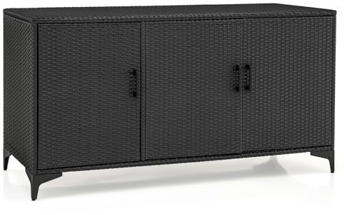GIANTEX Wicker Gartenschrank aus Rattan mit 3 Türen und abnehmbaren Regalen, wasserdichter Outdoor-Schrank für Kissen, Pool-Spielzeug, Gartengeräte (schwarz)