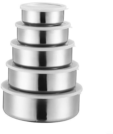 Set Of 5 Pcs Stainless Steel Bowls with Plastic Lids, Reusable Round Food Storage Containers, Metal Food Containers Bowls for Lunch Box Snacks Dishwasher Freezer