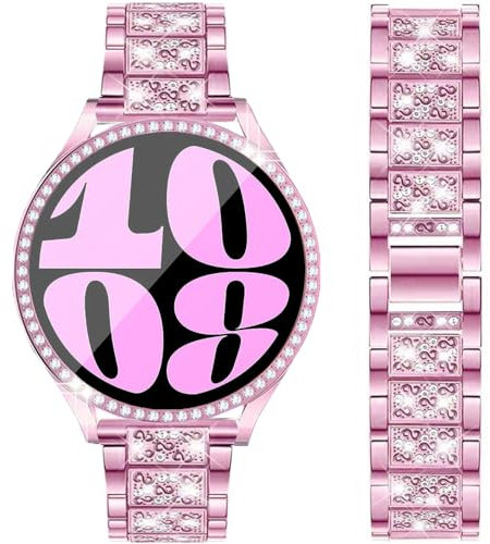 DEALELE Armband und Gehäuse Gehärtetem Glas Kompatibel mit Samsung Galaxy Watch 6 40mm, 20mm Bling Diamant Metall Armbänder mit Schutzhülle mit Displayschutz Ersatz für Damen Herren (Pink)