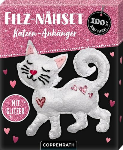Filz-Nähset: Katzen-Anhänger (weiß): Alles-drin-Set für einen Katzen-Anhänger aus Filz und Glitzerstoff, ab 8 Jahren, Nähen mit der Hand (100% selbst gemacht)