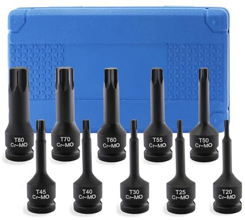 Juego de 10 brocas de impacto de 1/2 pulgadas, T20 – T80, juego de puntas largas adecuadas para llaves dinamométricas y llaves de carraca