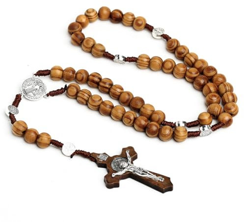 EIROVYA Katholisches Kreuz Rosenkranz Halskette, Naturholz Gebetskette mit Medaille Kreuz Jesus Christus Heiliger Benedikt, für katholische Christen Religiöse Kommunion, Taufe, Messe, Bibel, 1 Stück