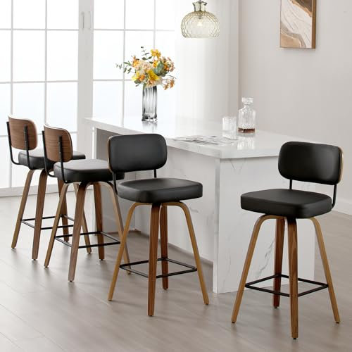 Bekrvio 360° Drehbar Barhocker 4er Set mit Lehne, 65cm Sitzhöhe Barstuhl Kunstleder & Massivholz, 4 Beine, Mid Century Tresenstuhl für Küche & Theke – Barstuhl Drehbar mit Rückenlehne