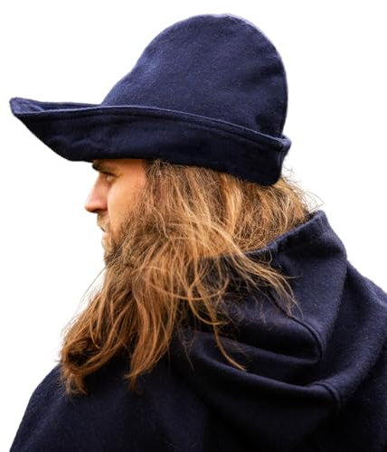 Leonardo Carbone® Herren Kopfbedeckung Robin Hood-Hut | Asymmetrischer Rand | Mittelalterlicher Stil | Karneval, Halloween, Cosplay, LARP, Hut, Mütze, Accessoire | Wolle Blau Einheitsgröße