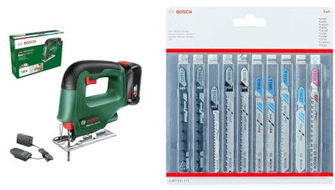 Bosch Akku Pack PBA 18V 6,0Ah W-C (18 Volt System, 6,0Ah Akku, im Karton) + Accessories Professional 10tlg. Stichsägenblätter Set (für Holz und Metall, Zubehör für Stichsägen mit T-Schaft Aufnahme)