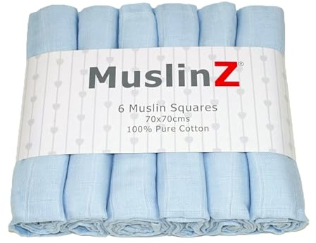 MuslinZ- 6 pack Muslin Squares Baby Burp Cloths 70x70cms Perfect for Newborns, multi-use, Oeko-Tex standard 100, UK brand. (Pale Blue)