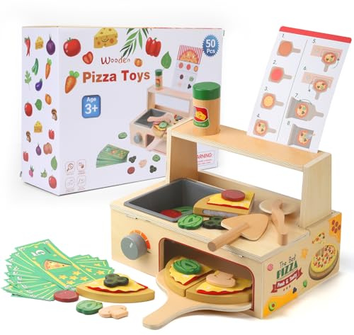 Wooden Pretend Play Pizza Counter Toy Set for Kids, Montessori Pizza Bake Oven & Shop Role Play Kitchen Food with Accessories, Educational Toy for Boys & Girls Ages 3+