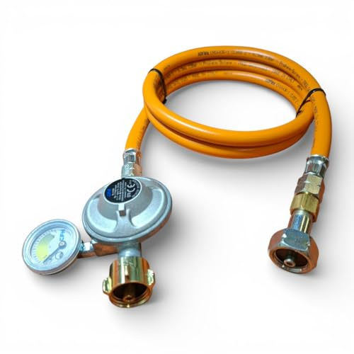 DN Autogas Parts Regolatore di pressione del gas propano con manometro e tubo da 0,8 m, regolatore GPL da 50 mbar x collegamento sinistro 21,8 mm, misuratore di livello, barbecue, campeggio e uso