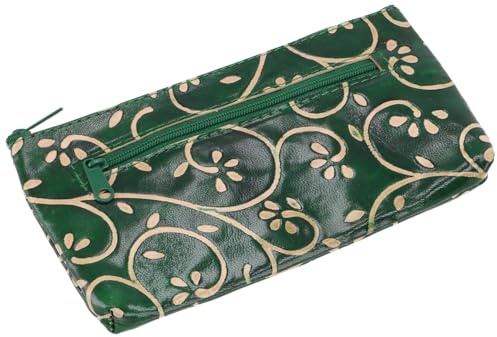 GURU SHOP Mäppchen aus geprägtem Leder, Kosmetikbeutel, Federtasche, grün | 100 % Leder, zwei Reißverschlussfächer, ideal für Stifte und kleine Gegenstände, vielseitig einsetzbar