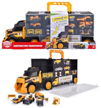 Dickie Toys – Construction Transporter 43 cm, Spielzeug Autotransporter für Kinder ab 3 Jahren, Transport Truck mit Rampe durch Führerhaus, Platz für 28 Fahrzeuge, inkl. 4 Baufahrzeuge und Zubehör
