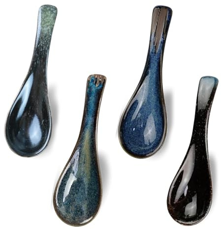 4Pcs Ramen Spoon Set, Chinese Soup Spoons for Authentic Asian Cuisine, Japanese Style Blue Ceramic Soup Spoons for Ramen, Pho and Noodle Dishes