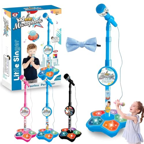 Kid Star Microphone with Stand, Kids Microphone with Adjustable Stand, Mic Singing Musical Toy with Stage Lights, Echo Effects for Girls Boys Birthday (Blue)