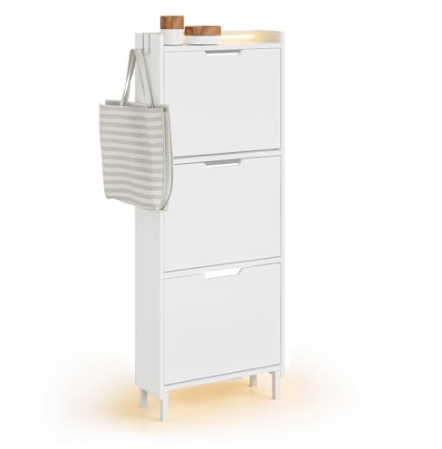 SoBuy Schuhschrank Schmal LED-Beleuchtung 100x19x131cm Kleine Wohnungen | Schuhregal Weiß, für Eingang, Flur und kleine Wohnungen, schmales Design, FSR151-H-E-W