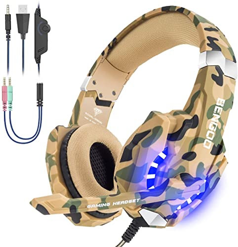 VersionTech Casque stéréo professionnel de gaming avec entrée jack de 3,5 mm, lumière LED, annulation du bruit, compatible avec PS4, PC, ordinateur portable et smartphone Bleu Camouflage