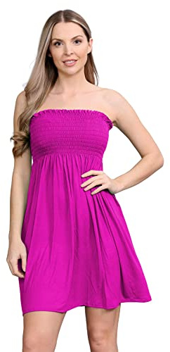 janisramone® Womens Bandeau Dress, Boob Tube Sheering Ruched Flared Mini Dress, Plain Strapless Summer Dresses, Perfect Holiday & Beach Dresses for Women UK Cerise