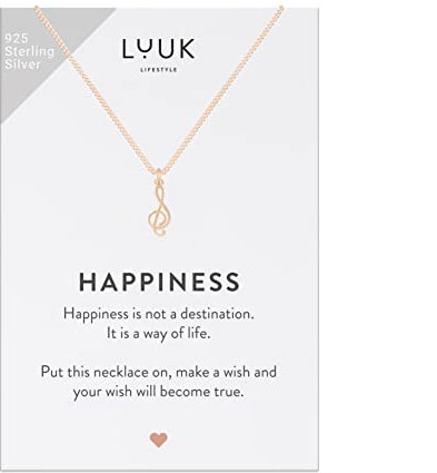LUUK LIFESTYLE Halskette mit Musikschlüsselanhänger für sie, wasserfest, schlankes, modernes Design, mit HAPPINESS Geschenkkarte zum Selbstgestalten, verstellbare filigrane Kette, Damenschmuck, Rosé