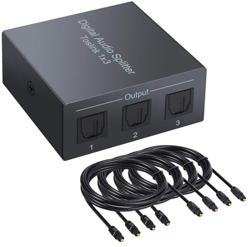 CAMWAY SPDIF Toslink Digital Optical Toslink Aluminum Alloy 3 Ports 1 in 3 Supports LPCM 2.0 DTS Dolby-AC3 with Optical Cable 4pcs 6ft for PS3 Xbox DAC Converter Blue-Ray DVD TV