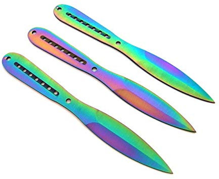 KOSxBO® 3er Effektlack Rainbow Tomahawk Wurfmesser Set - Wurfdolch 22,5 cm - Dagger - Outdoor - Jagd- Survival - Messer - inklusive Cordura Holster - Anfänger Profi Wurfmesser Throwing Knives Set