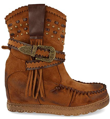 Bota de Estilo Indio, Correas con Hebilla, Flecos en Cana, Cuna Interior, y Cierre de Cremallera, Otono Invierno 2020. Talla 40 Camel
