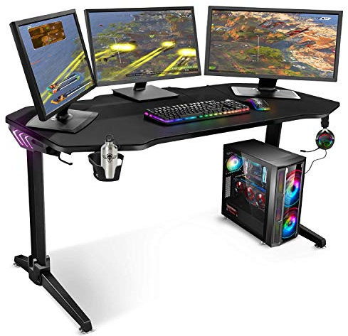 Spirit Of Gamer – Bureau Gaming Rétroéclairé LED RGB - Headquarter 400 – Design Futuriste – Plateau XXL 140cm– Support Casque – Porte Gobelet – 2 Passes Câble – Tapis Souris intégral