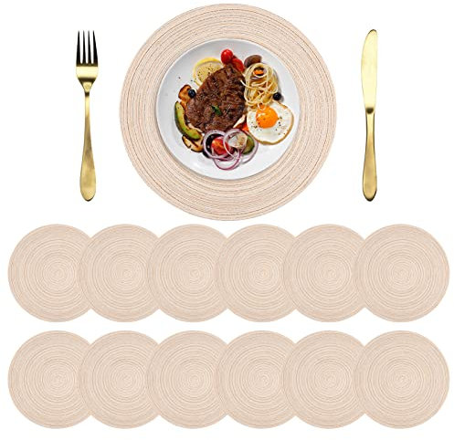 NAKIHOUSE Tischsets Abwaschbar Rund Geflochten Tischset 12er Set, 38cm Rund Platzsets Abwischbar, rutschfest, Hitzebeständig Schmutzabweisend Beige Platzdeckchen für Hochzeit, Restaurant, Küche