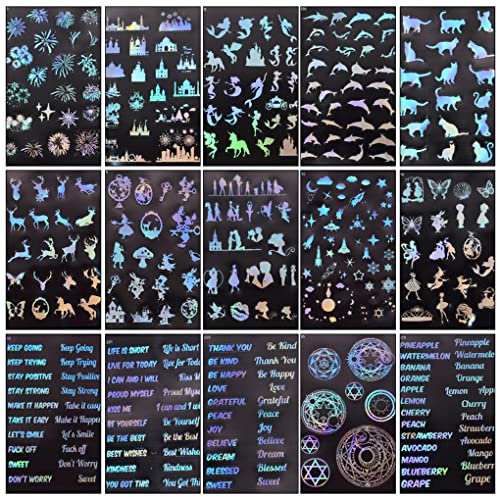 FineInno 15 Foglio Adesivi in Resina Epossidica, Materiale di Riempimento Resina, Pellicola Olografica Trasparente Adesiva per Scrapbooking Stickers, Creazione Gioielli (Laser Stickers)