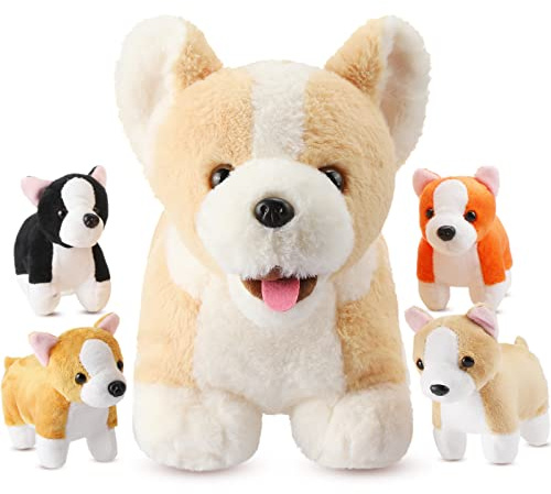 Skylety 5 Stück Welpen Kuscheltiere Mama Hund mit 4 Plüschtier, Corgi | Weiche und Kuschelige Stofftiere, Spielzeugkissen, Mama-Hund mit 4 Welpen, Geschenk für Geburtstag und Weihnachten