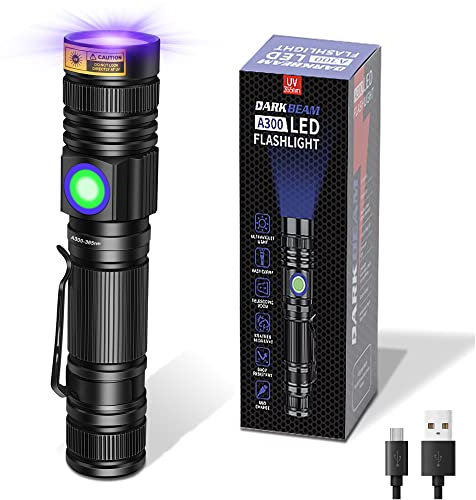 DARKBEAM Lampe Torche UV Lamp Lumière Noire 365nm rechargeable Lampe de Wood Ultraviolette, Portable Mini LED avec clip, Détecteur d'urine de chat, ambré, verre d'uranium, résine
