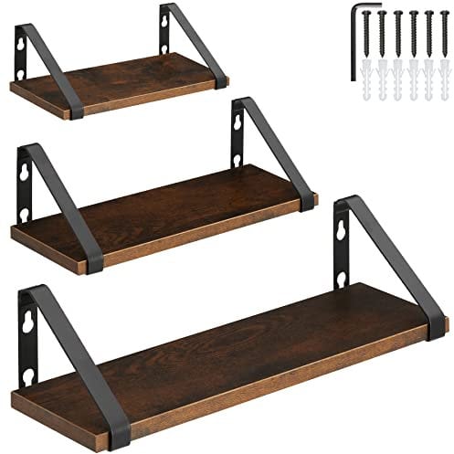 tectake® Industrial Wandregal Holz, 3X Regal Wand Set, Schweberegal, Regale 30/35/40 cm, Hängeregal, für Deko Wohnzimmer, Schlafzimmer, Küchenregal Wand, Büro, Industrial Dunkelbraun