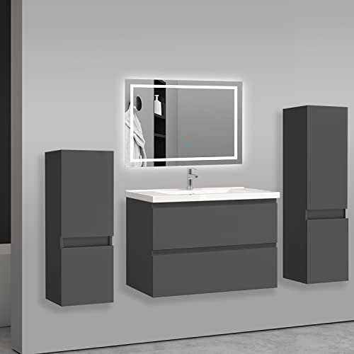 AICA sanitaire Ensemble de Meuble de Salle de Bain Anthracite Clair 79cm+Vasque+Miroir+Colonne Meuble Salle de Bain-Armoire de Rangement-Meubles-lavabos