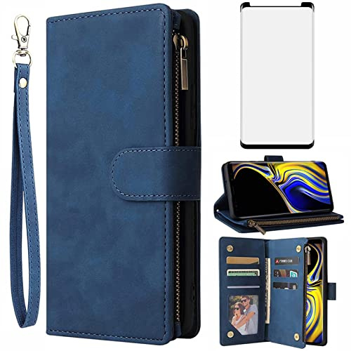 Asuwish Handyhülle für Samsung Galaxy Note 9 Hülle mit Folie Schutzfolie und Kartenfach Klappbar Leder Geldbörse Ständer Reißverschluss Schutzglas Note9 Handy Hüllen Schutzhülle Phone Case Blau