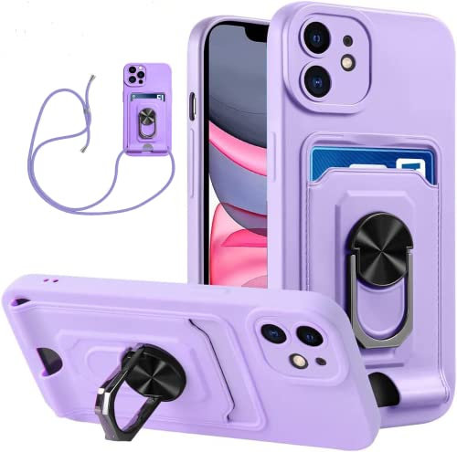 MHtech Crossbody Case for iPhone 12 with Camera Protection, Silicone Card Holder with Adjustable Necklace Strap Cord Lanyard Shockproof Protective Case, 360 Rotate Stand Case for iPhone 12 (Purple)