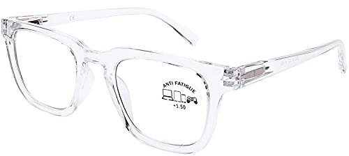DOOViC Blaulichtfilter Lesebrille 1,5 Transparent/Eckig Rahmen Computerbrille mit Sehstärke für Damen/Herren
