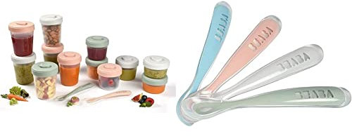 BÉABA, Lot de 12 Portions Conservation et 2 Cuillères Silicone, Clip, Pots empilables et emboîtables & Lot de 4 Cuillères en Silicone Bébé/Enfant, 1er Âge, Dès 4 mois, Souple, Bout arrondi