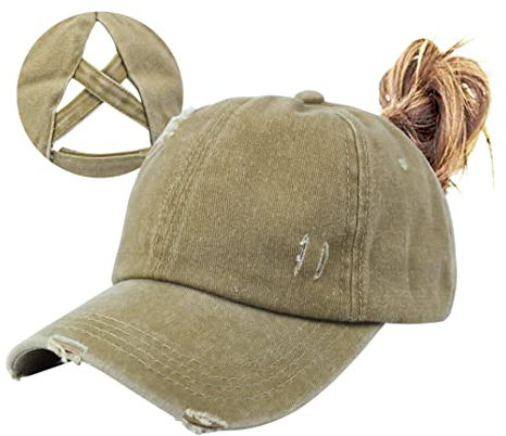 HGGE Damen Pferdeschwanz Criss Cross High Messy Buns Ponycaps Baseball Cap Verstellbare Baumwolle Distressed Dad Trucker Hat, A-Khaki, Einheitsgröße