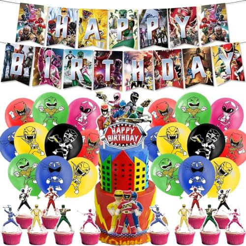PowerRangers Party Balloon, PowerRangers Birthday Decoration Party Supplies Including Happy Birthday Banner Cupcake Toppers Balloons for Children's Birthday Decoration