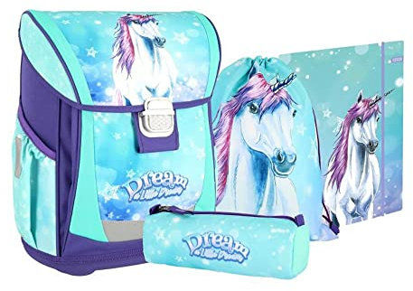 Grundschul Ranzen Set - Schulranzen Set 4 teilig für Mädchen mit Schlampermäppchen Zeichenmappe Turnbeutel (LITTLE DREAM Einhorn Pferd)