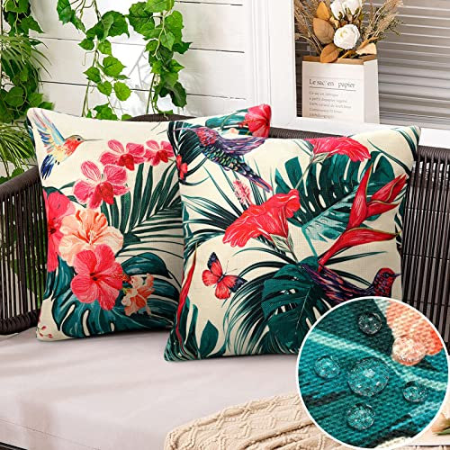 2er Set Leinen Kissenbezug 45x45 cm Blumen Kolibri Dekorative Kissenbezüge Outdoor Wasserdicht Bunt Zierkissenbezüge Sommer Wasserfest Dekokissen Zierkissen für Couch Sofa Garten Sessel Terrasse