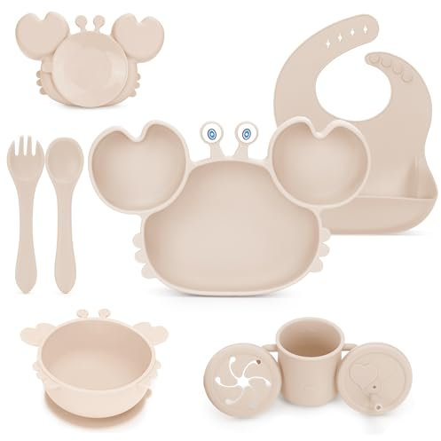 MOJINL Lot de 8 couverts pour bébé en silicone avec ventouse, sans BPA, avec assiette, cuillère, fourchette, bol, bavoir, gobelet d'apprentissage, pour bébé fille et garçon