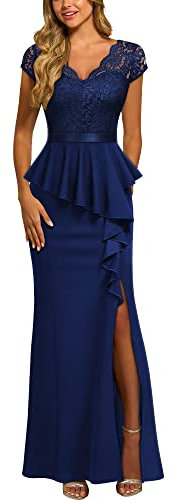 MISSMAY Women's Elegant V-Neck Lace Peplumed Ruffle Split Bridesmaids Party Gown Formal Maxi Dress (Large, Navy Blue)