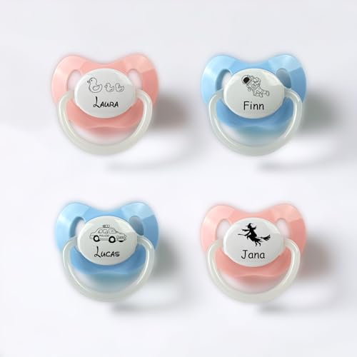 Schnuller personalisiert mit Motiv und Name rosa oder blau Gravur 15 verschiedene Kindermotive nip Babyschnuller Geschenk Geburt BPA frei (2 Stk. Rosa)