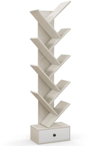 CASART 10-Tier Tree Bookshelf, Slim Tall Floor Standing Bookcase with Drawer & Wall Anchor, Wooden Display Shelving Storage Rack for Living Room Bedroom Office (Beige)