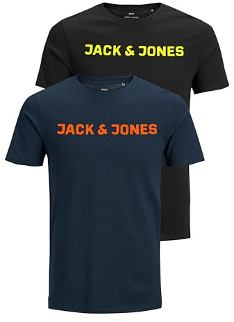 JACK & JONES Men's Slim Fit T-Shirt with Print in Mix Pack of 3 or 6 with Crew Neck Sizes S M L XL XXL, Pack of 2 (1 x Navy Blazer, 1 x Black), S