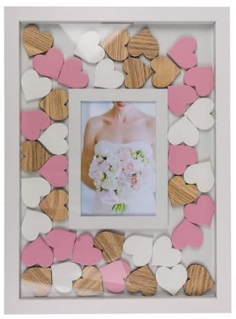 ReWu Bilderrahmen mit beschriftbaren Holzherzen Gästebuch Hochzeit Liebe Dekoration Geschenk Geschenkidee Hochzeitsgeschenk Fotorahmen 38 x 28 cm